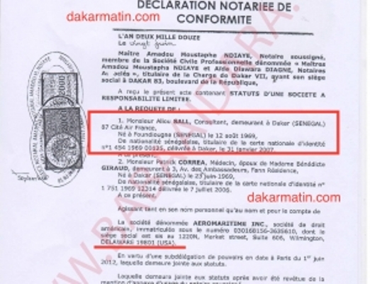 Création d'une entreprise d'aviation par Aliou Sall: voici un document comme preuve