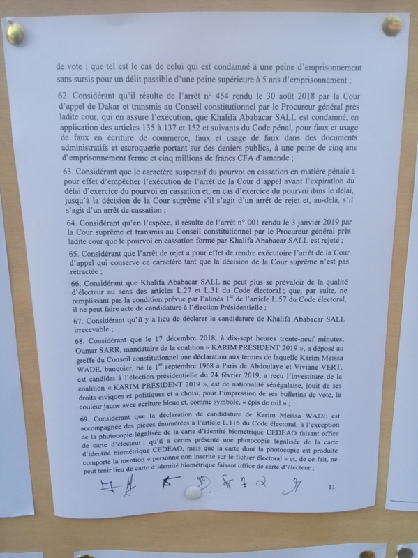 Les raison de l'élimination des candidats Karim Wade et Khalifa Sall (Documents)