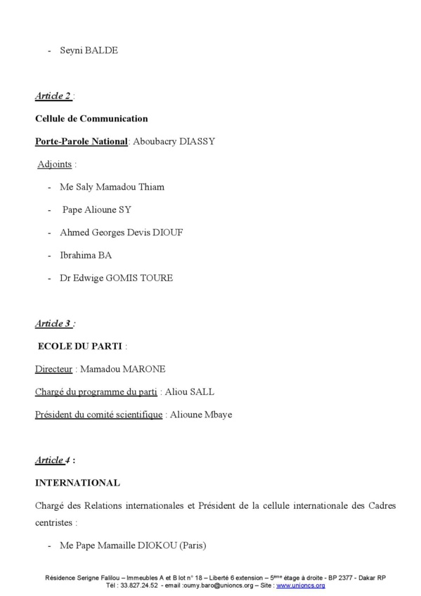 Voici la Circulaire portant réaménagement de certaines instances de l’Union Centriste du Senegal