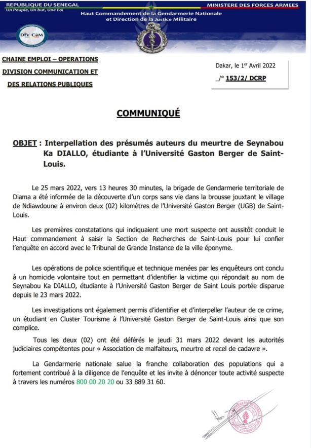 Assassinat de l'étudiante Seynabou Ka DIALLO : Des présumés auteurs du meurtre arrêtés 