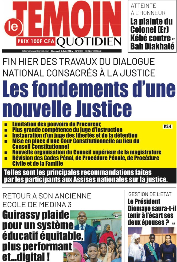 La Une du journal le réveil du Mercredi 05 juin 2024