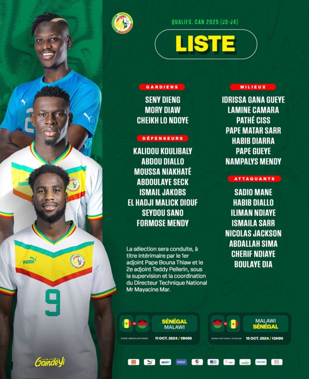 CAN 2025 : Gana Gueye, Mané et 24 autres Lions retenus pour affronter le Malawi