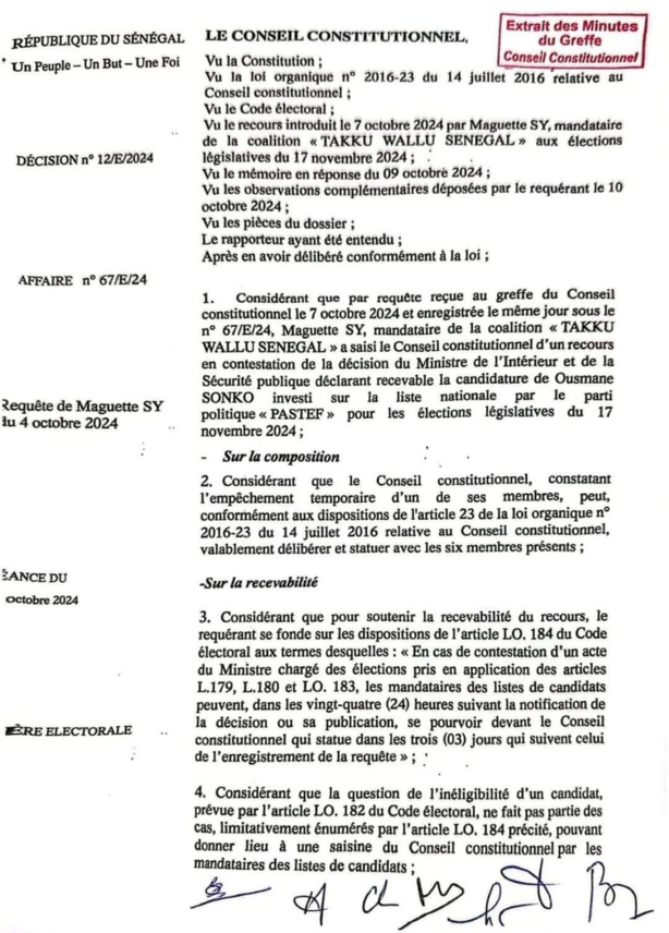 "Takku Wallu Sénégal" échoue à invalider la candidature de Sonko aux législatives : Les explications des 7 sages