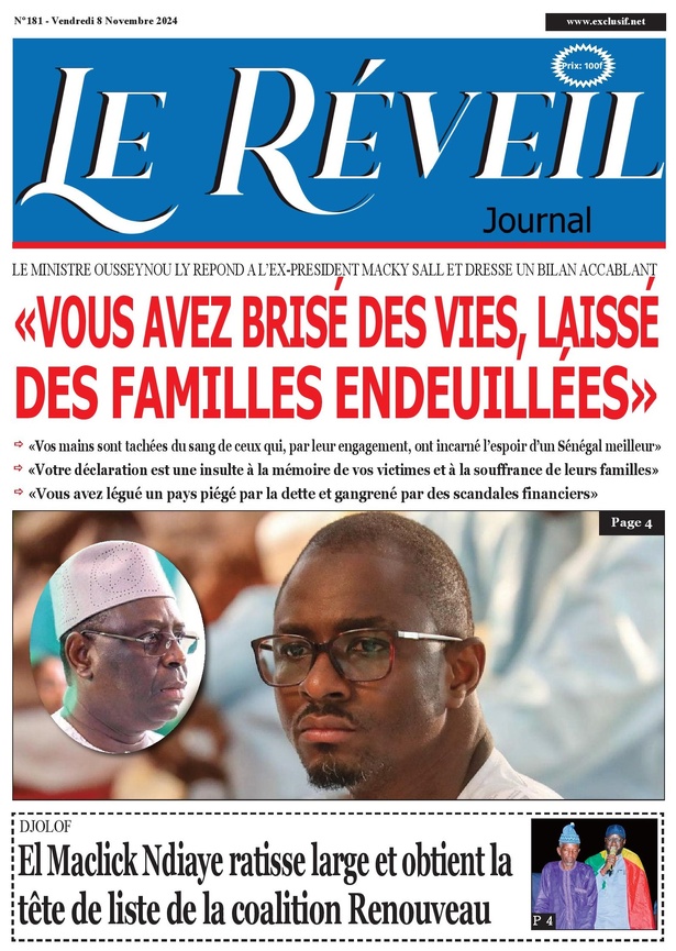 La Une du journal le Réveil du vendredi  08 Novembre 2024