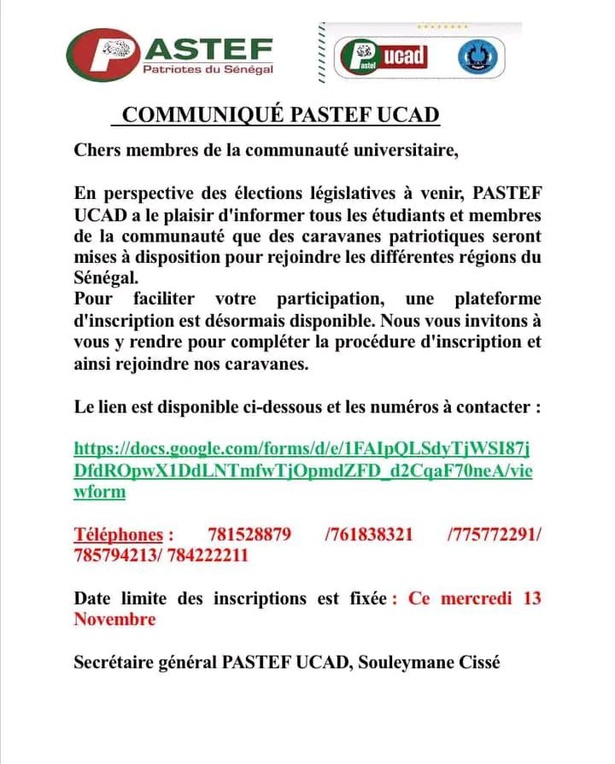 PASTEF UCAD lance des caravanes gratuites pour les législatives (communiqué)