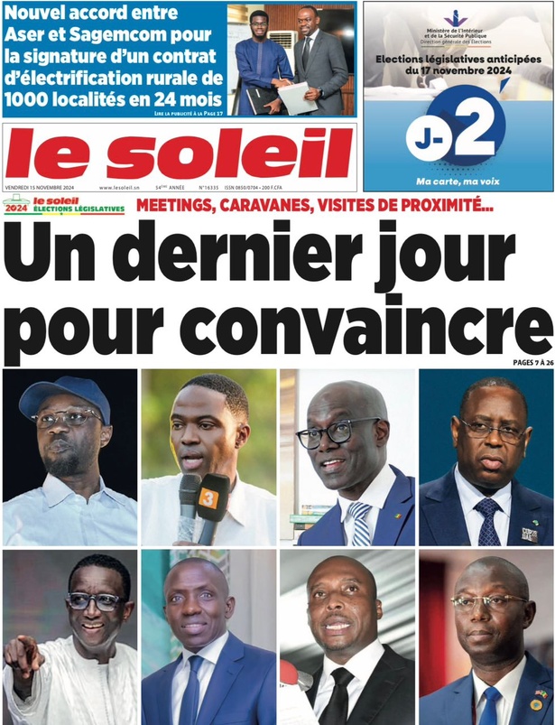 La Une du journal le Réveil du Vendredi 15 Novembre 2024