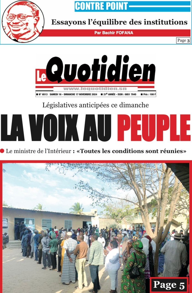 La Une du journal le Réveil du Samedi 16 Novembre 2024