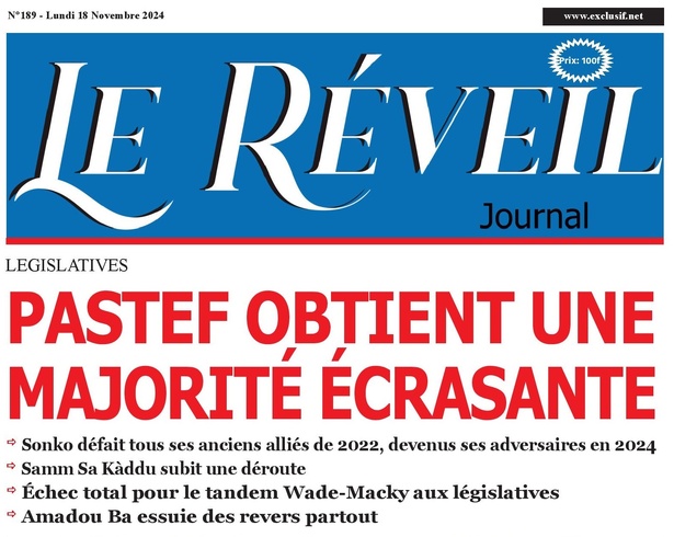 La Une du journal le Réveil du Lundi 18 Novembre 2024