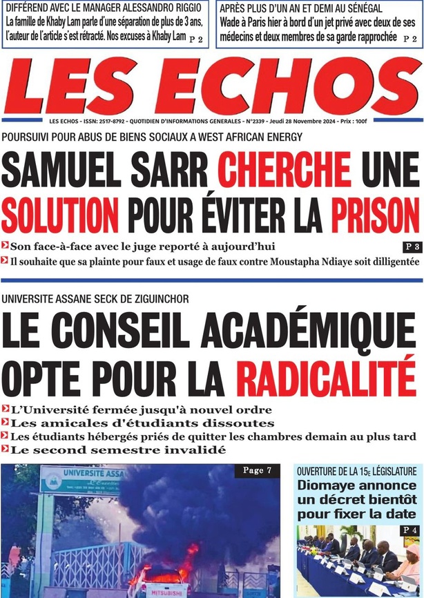 La Une du Journal Le Réveil de ce Jeudi 28 novembre 2024