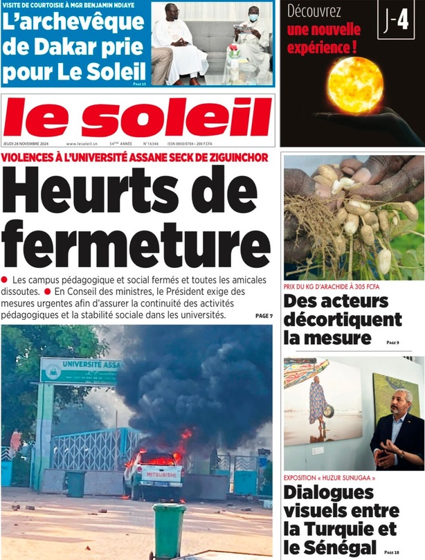 La Une du Journal Le Réveil de ce Jeudi 28 novembre 2024