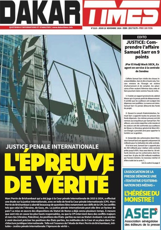 La Une du Journal Le Réveil de ce Jeudi 28 novembre 2024