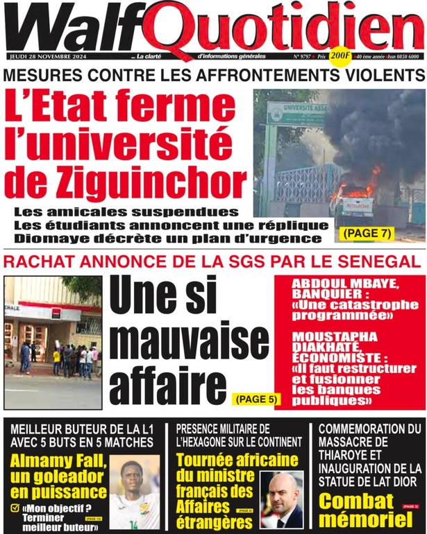 La Une du Journal Le Réveil de ce Jeudi 28 novembre 2024