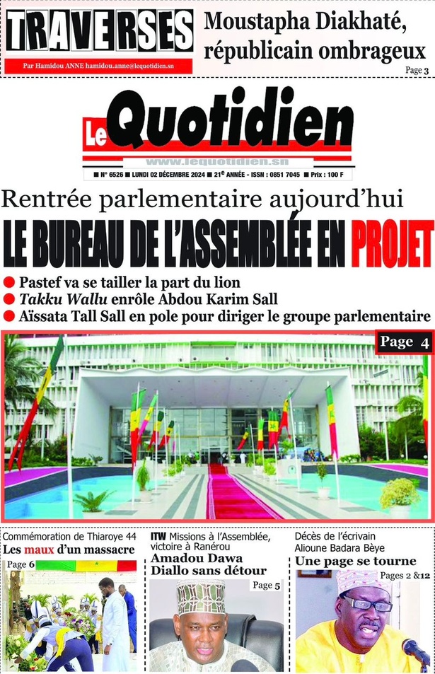 La Une du journal le Réveil du Lundi 02 Décembre 2024