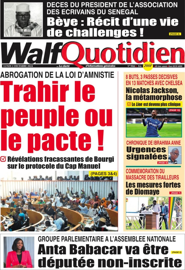 La Une du journal le Réveil du Lundi 02 Décembre 2024