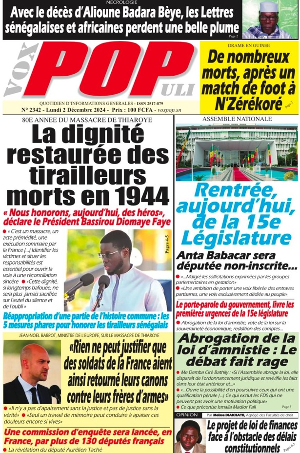 La Une du journal le Réveil du Lundi 02 Décembre 2024