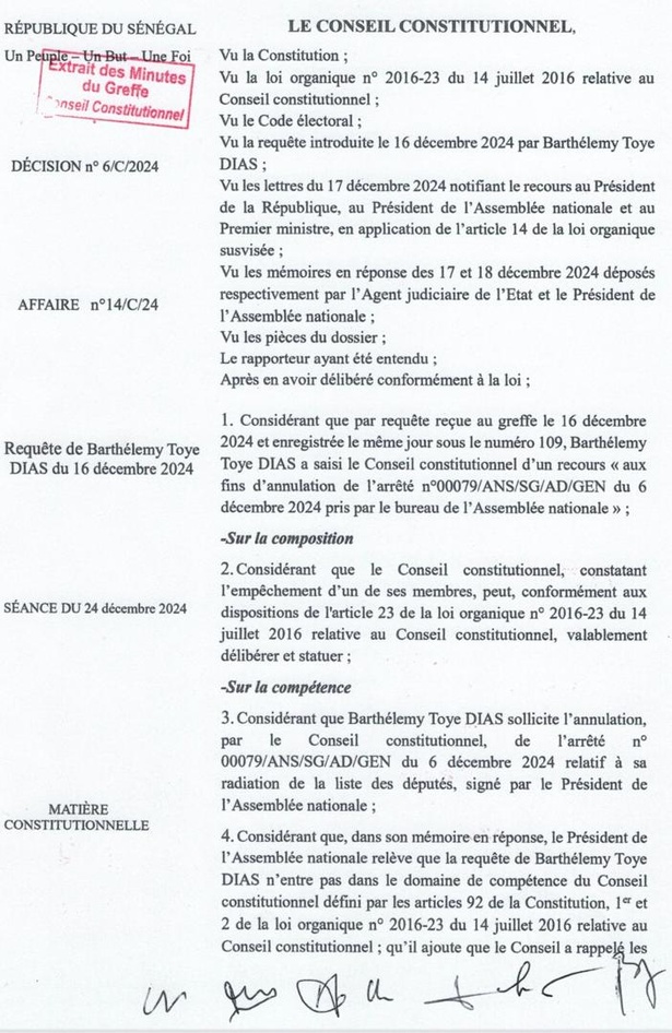 Radiation de Barthélemy Diaz : Le Conseil constitutionnel se déclare incompétent