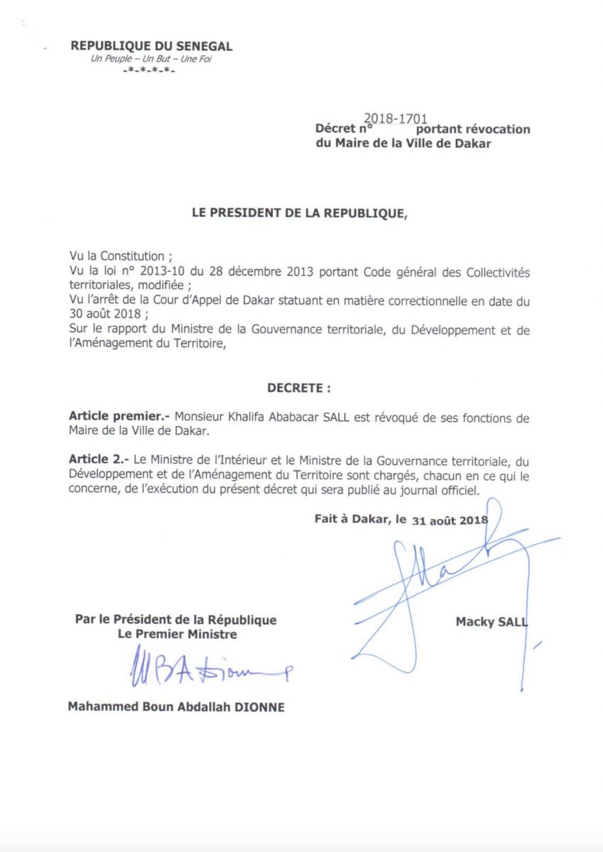 URGENT: Macky chasse Khalifa Sall de la mairie de Dakar (Documents)