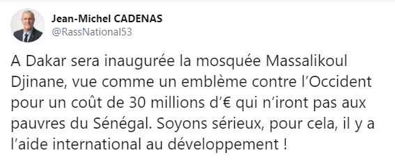 Jean-Michel Cadenas persiste: "30 millions d'euros pour une mosquée au Sénégal... Soyons sérieux..."