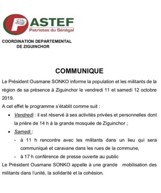 Vendredi, Sonko va pilonner le régime de l'APR à partir de Ziguinchor