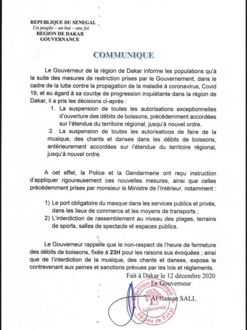 COVID-19: Le Gouverneur de Dakar annonce la fermeture des débits de boissons à partir de 23H 