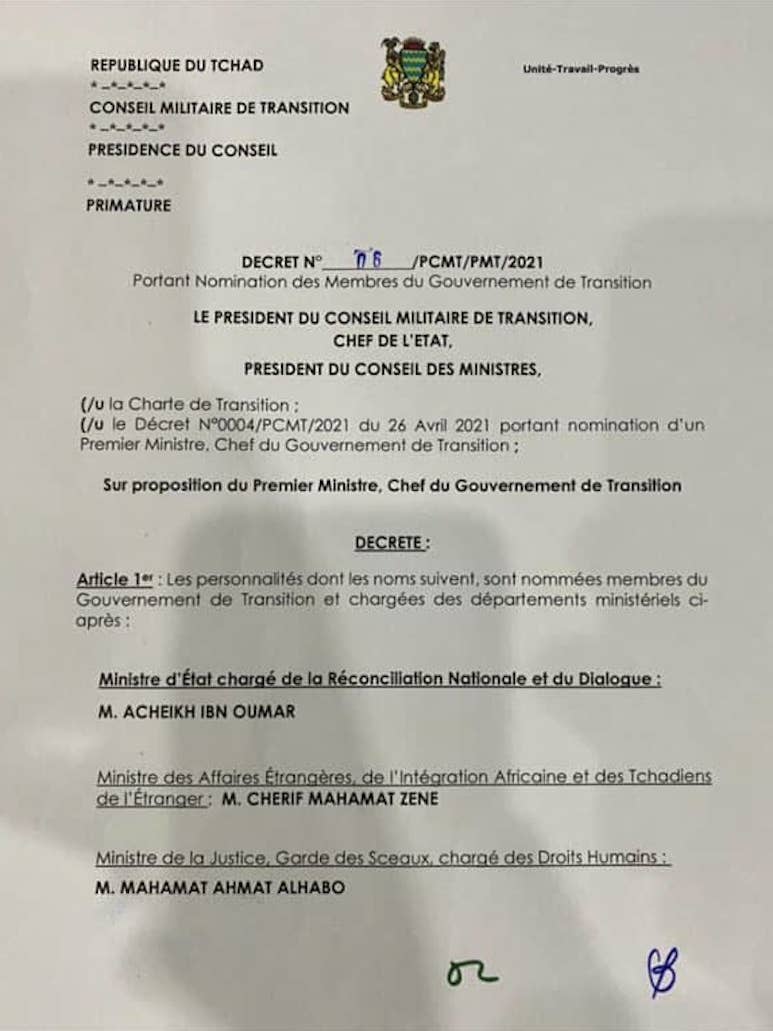 Nouveau gouvernement au Tchad La junte publie une liste de 40 ministres