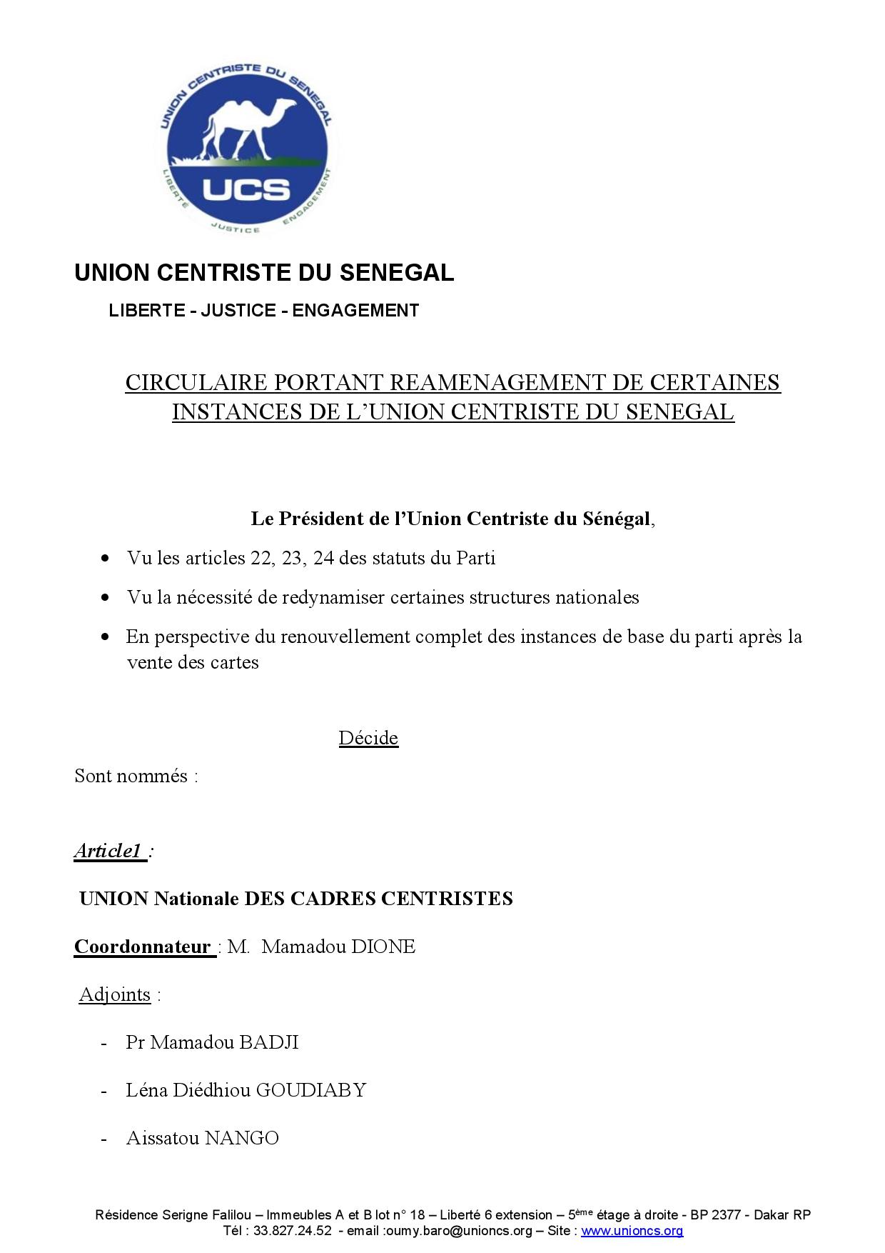 Voici la Circulaire portant réaménagement de certaines instances de l’Union Centriste du Senegal