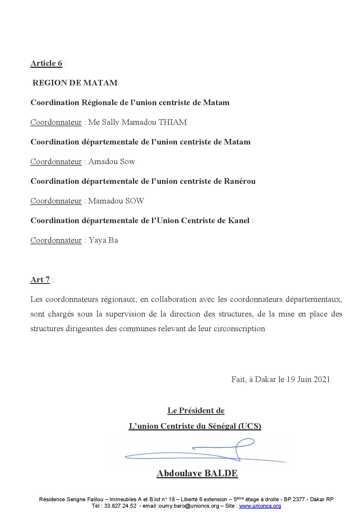 Voici la Circulaire portant réaménagement de certaines instances de l’Union Centriste du Senegal