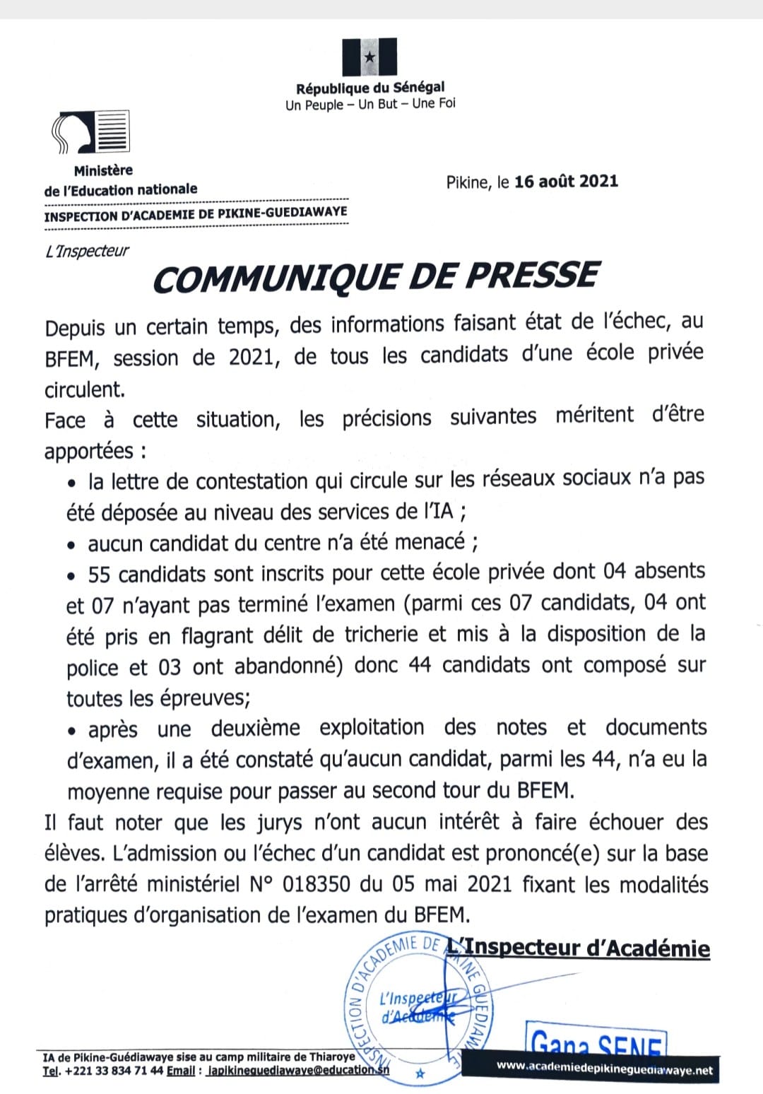 Zéro admis à “DIAZ SCHOOL” :  4 élèves arrêtés pour tricherie (Document)