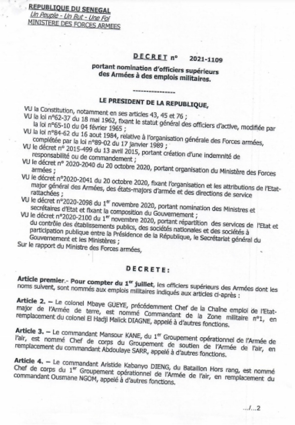 Vaste mouvement dans les rangs de l’armée : Macky Sall nomme et mute plusieurs officiers supérieurs