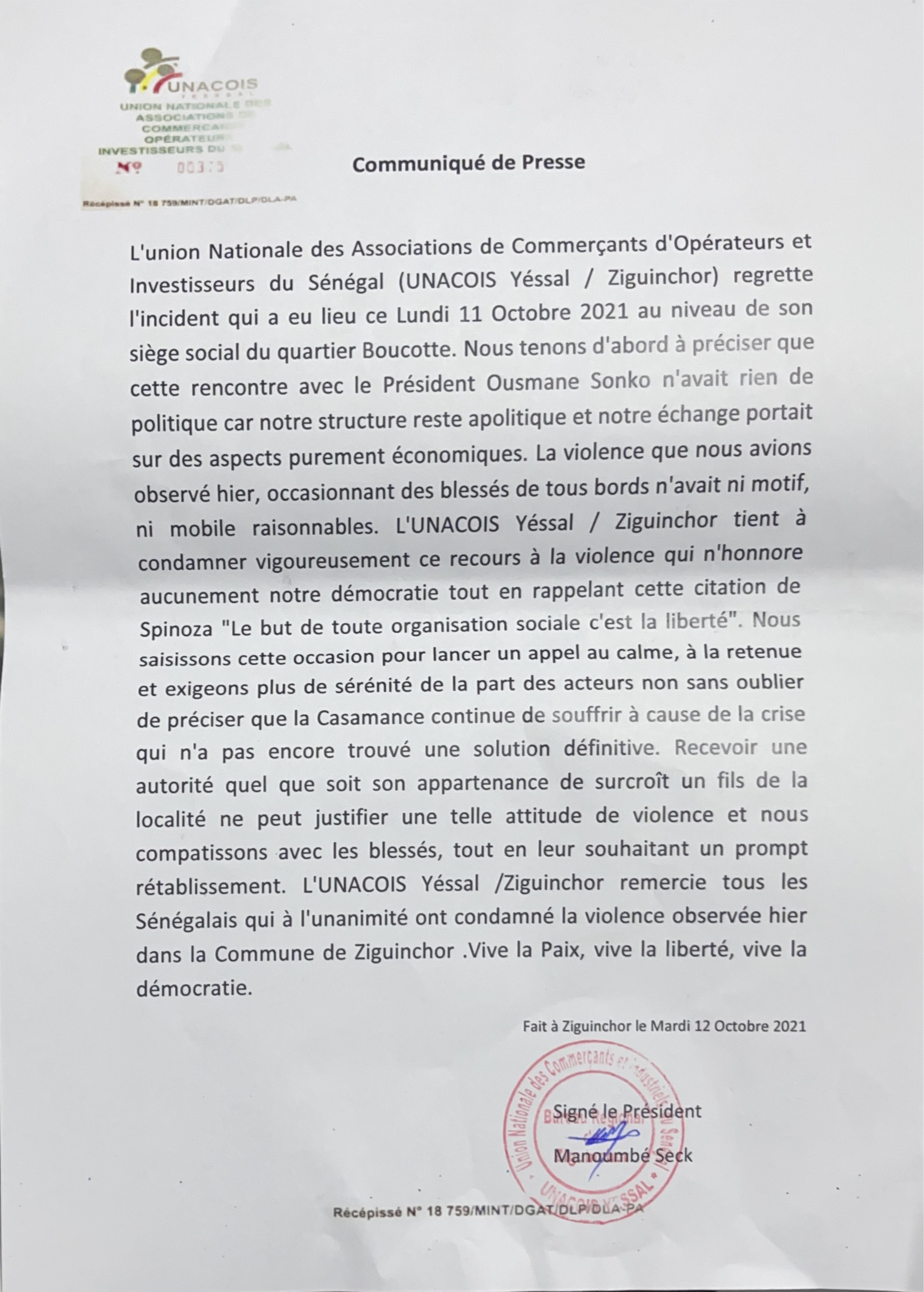 Les précisions de  l'Unacois "Yessal" : «Notre rencontre avec Ousmane Sonko n’avait rien de politique» (DOCUMENT)