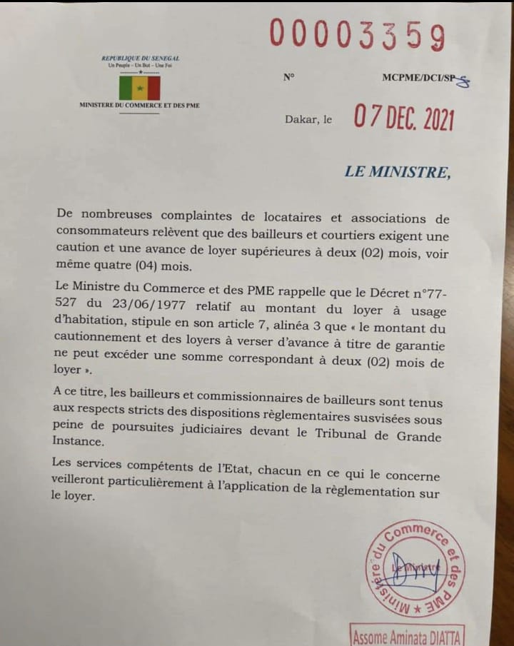 Régulation du Loyer : Le gouvernement interdit aux bailleurs et courtiers de demander plus de 2 mois de caution (Document)