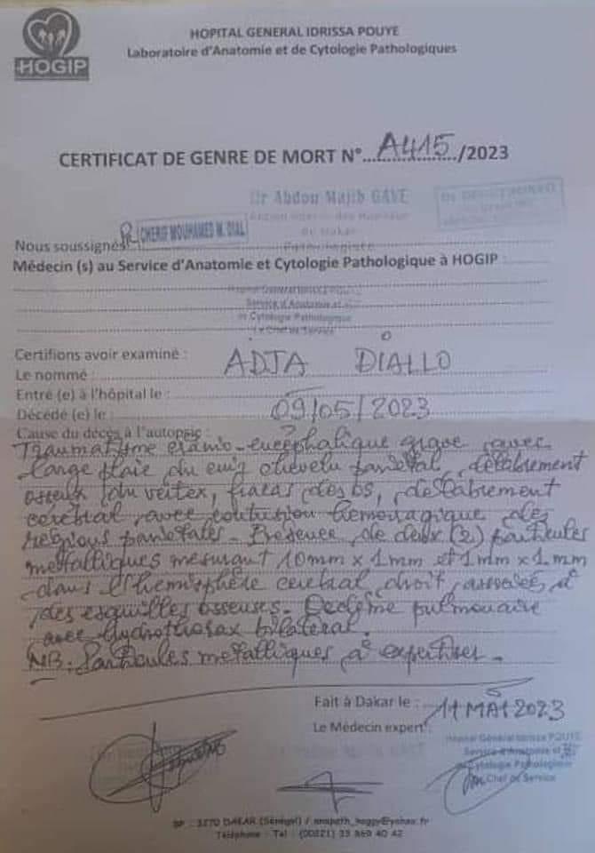 Affrontements à Ngor : Ce que révèle le certificat de genre de mort de Adja Diallo