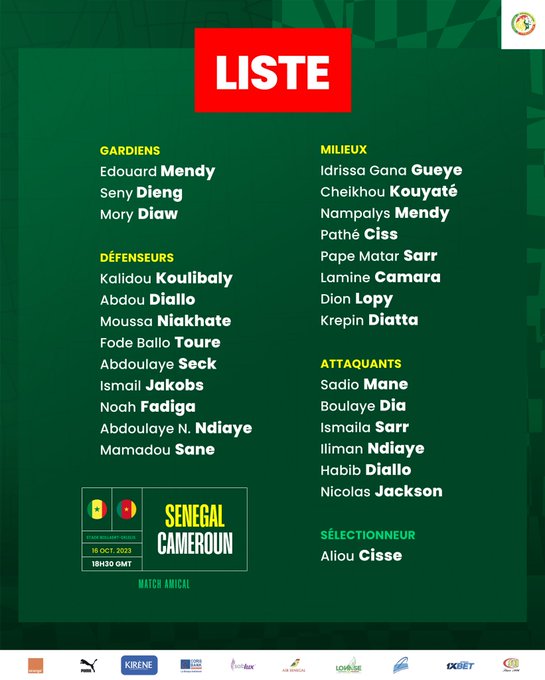 Match Sénégal - Cameroun : Aliou Cissé dévoile sa liste de 26 joueur