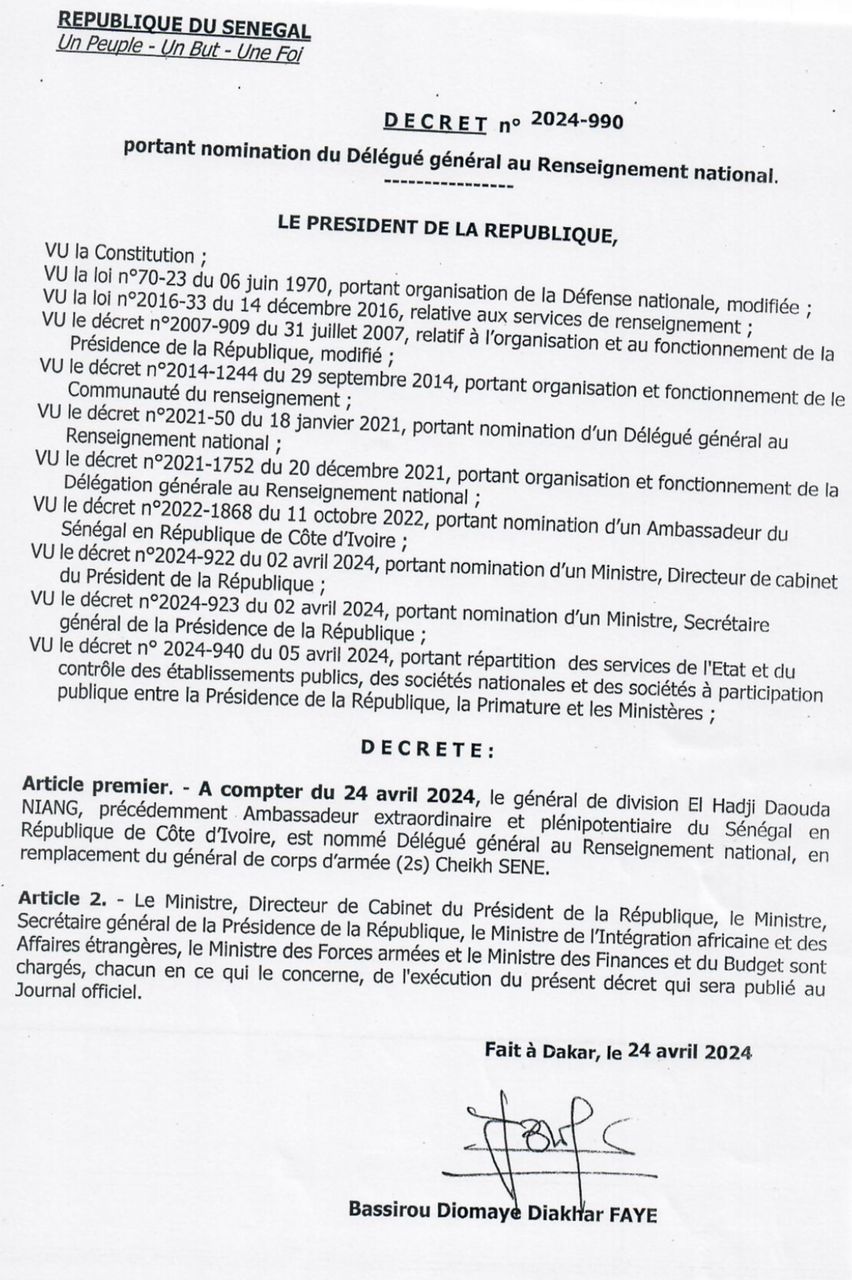 Renseignement National : le général Cheikh Sène viré