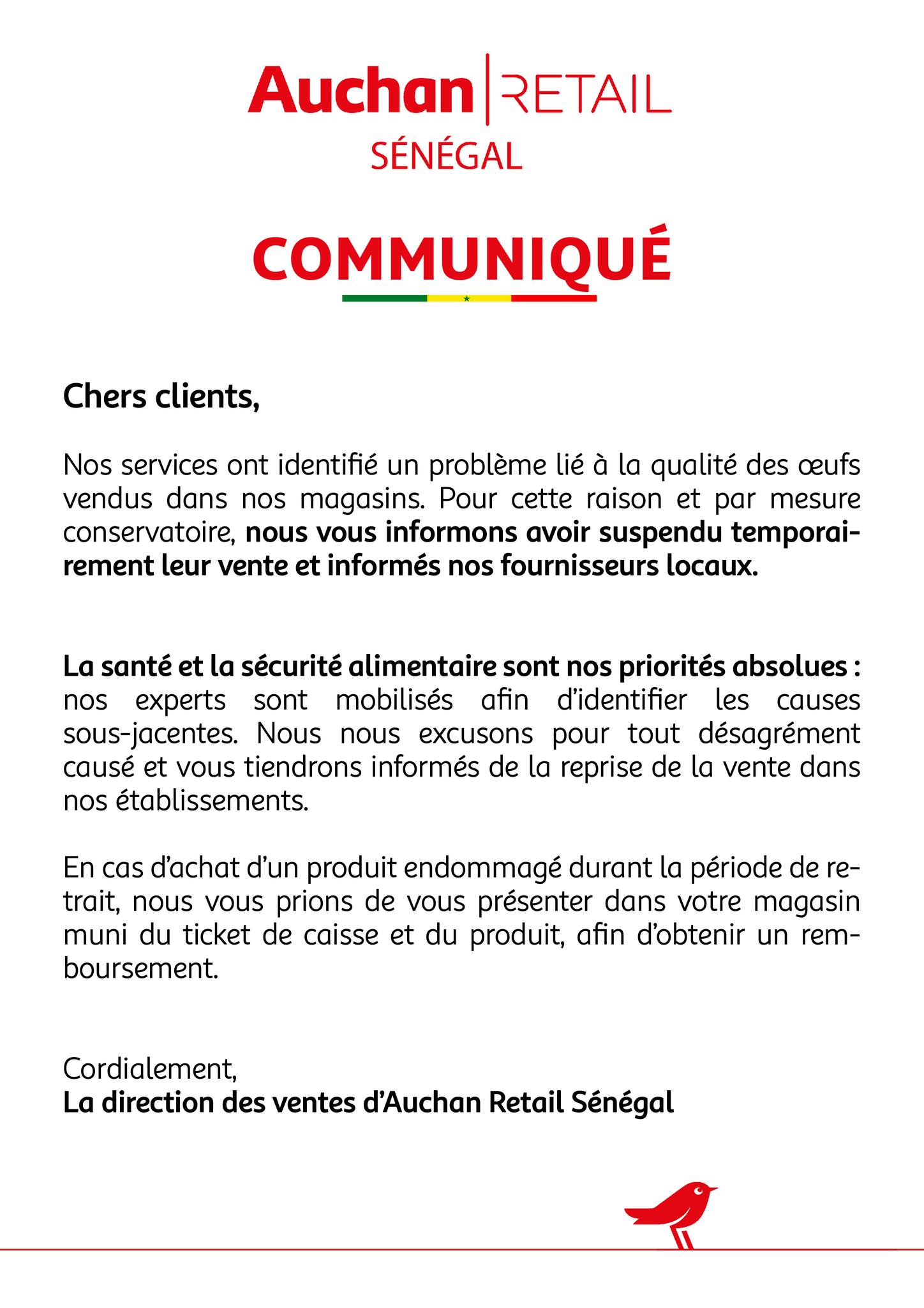 Sénégal : Auchan suspend la vente d'Œufs pour des raisons de Sécurité Alimentaire