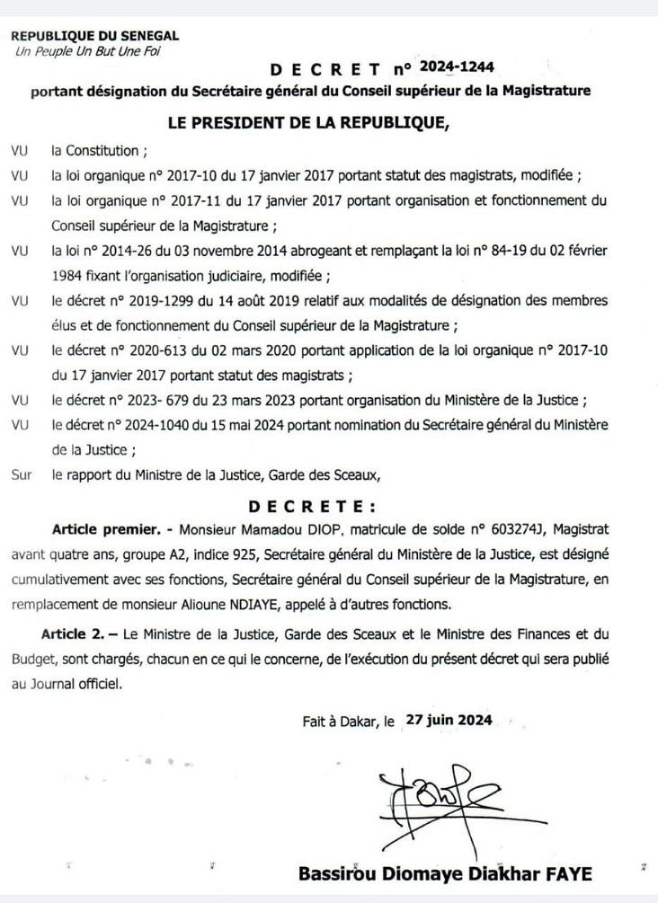 Conseil Supérieur de la Magistrature : Diomaye nomme Mamadou Diop comme...