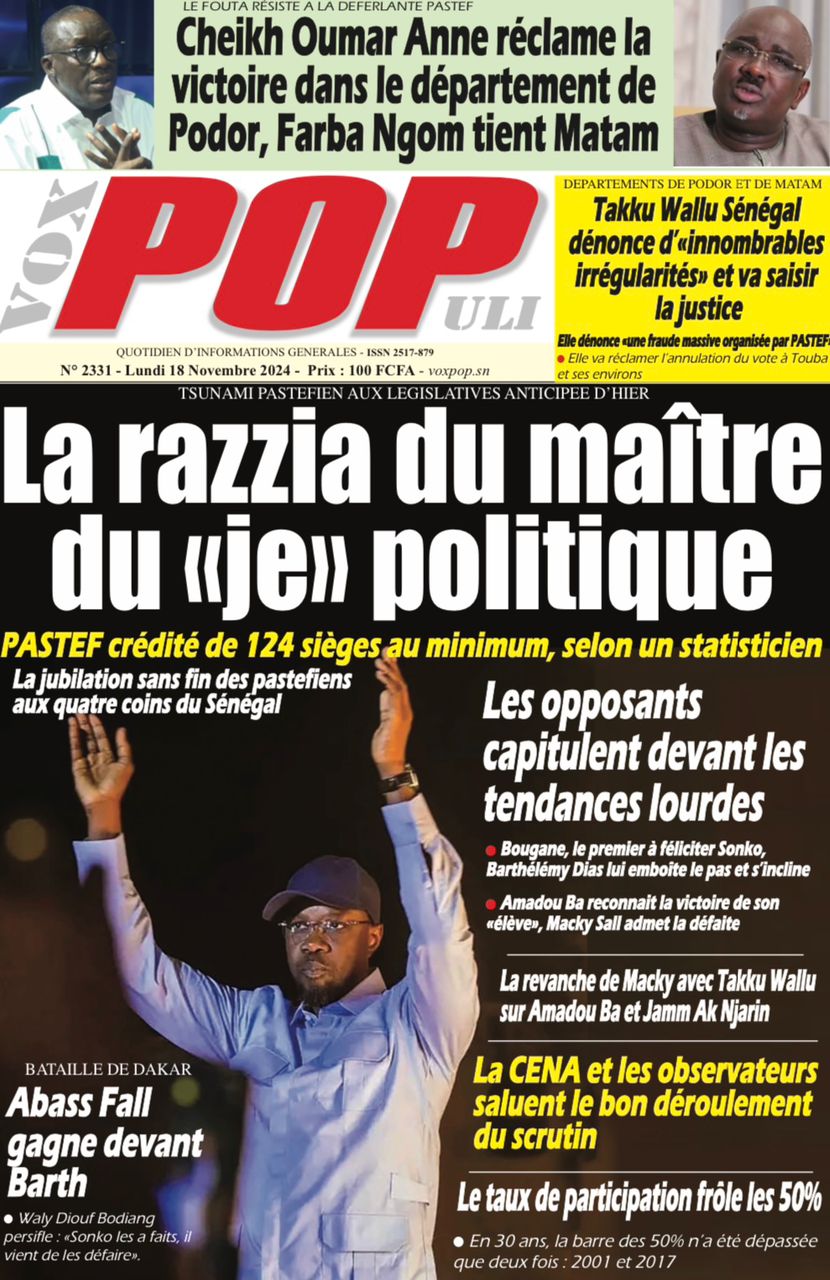 La Une du journal le Réveil du Lundi 18 Novembre 2024