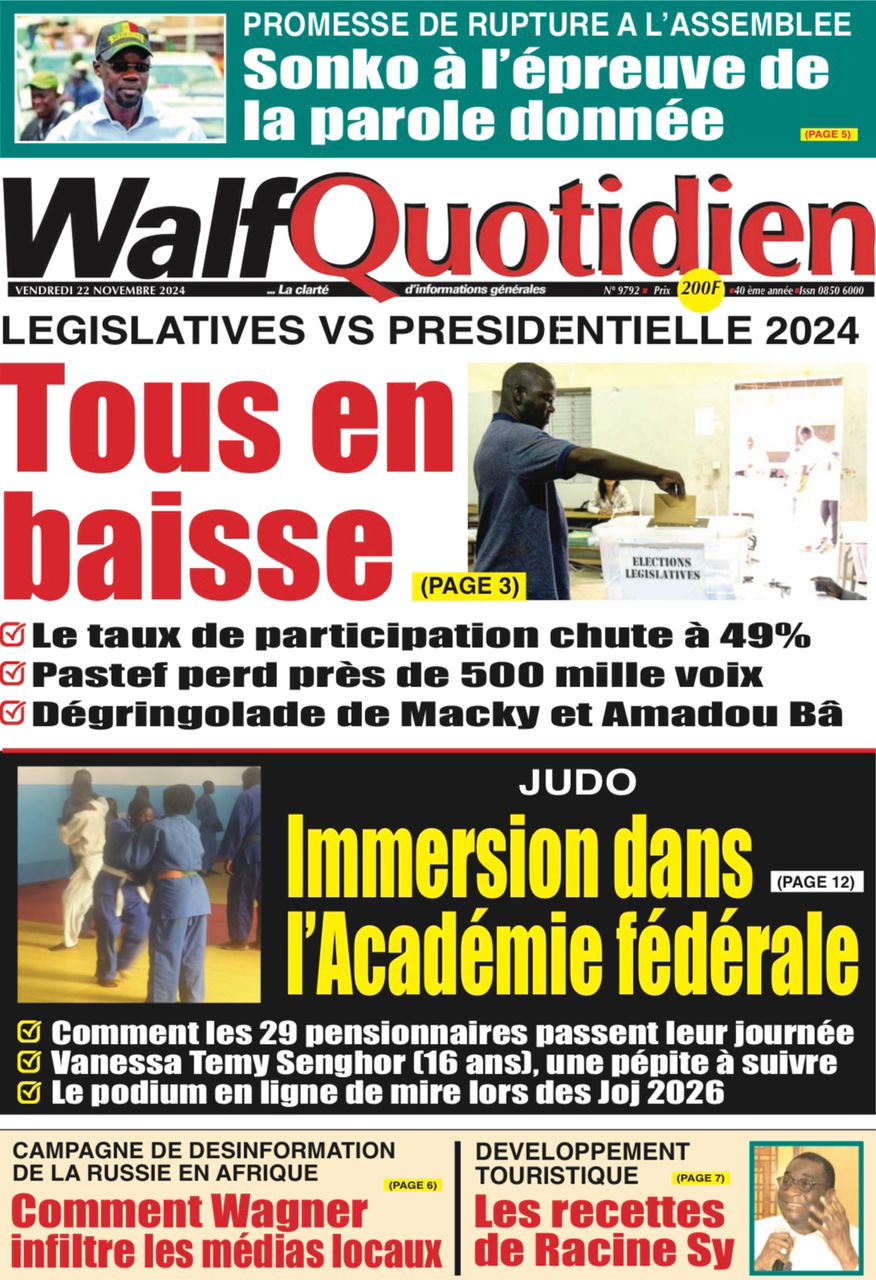 La Une du journal le Réveil du vendredi 22 Novembre 2024