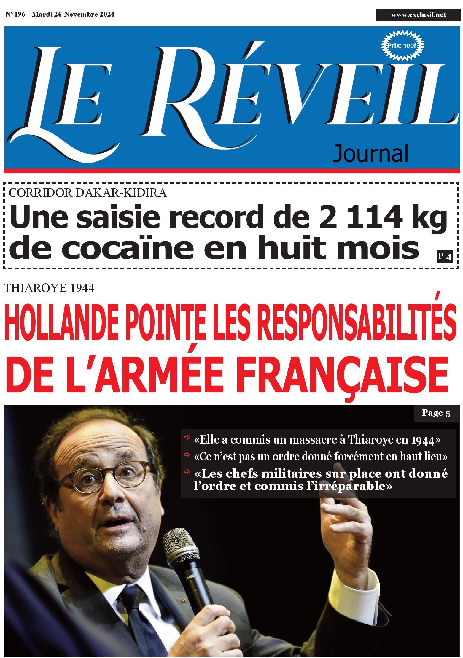 La Une du Journal Le Réveil de ce mardi 26 novembre 2024.