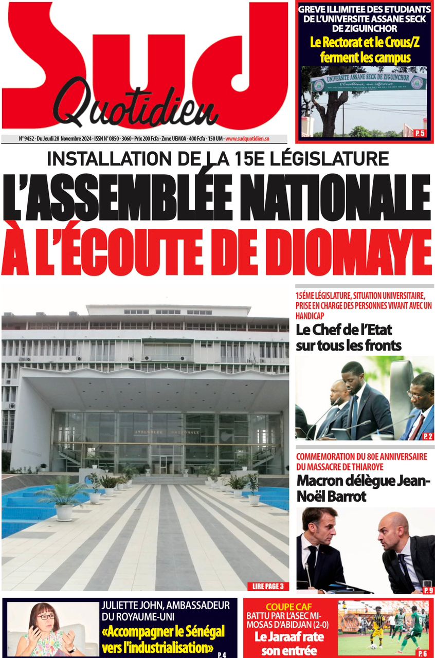 La Une du Journal Le Réveil de ce Jeudi 28 novembre 2024