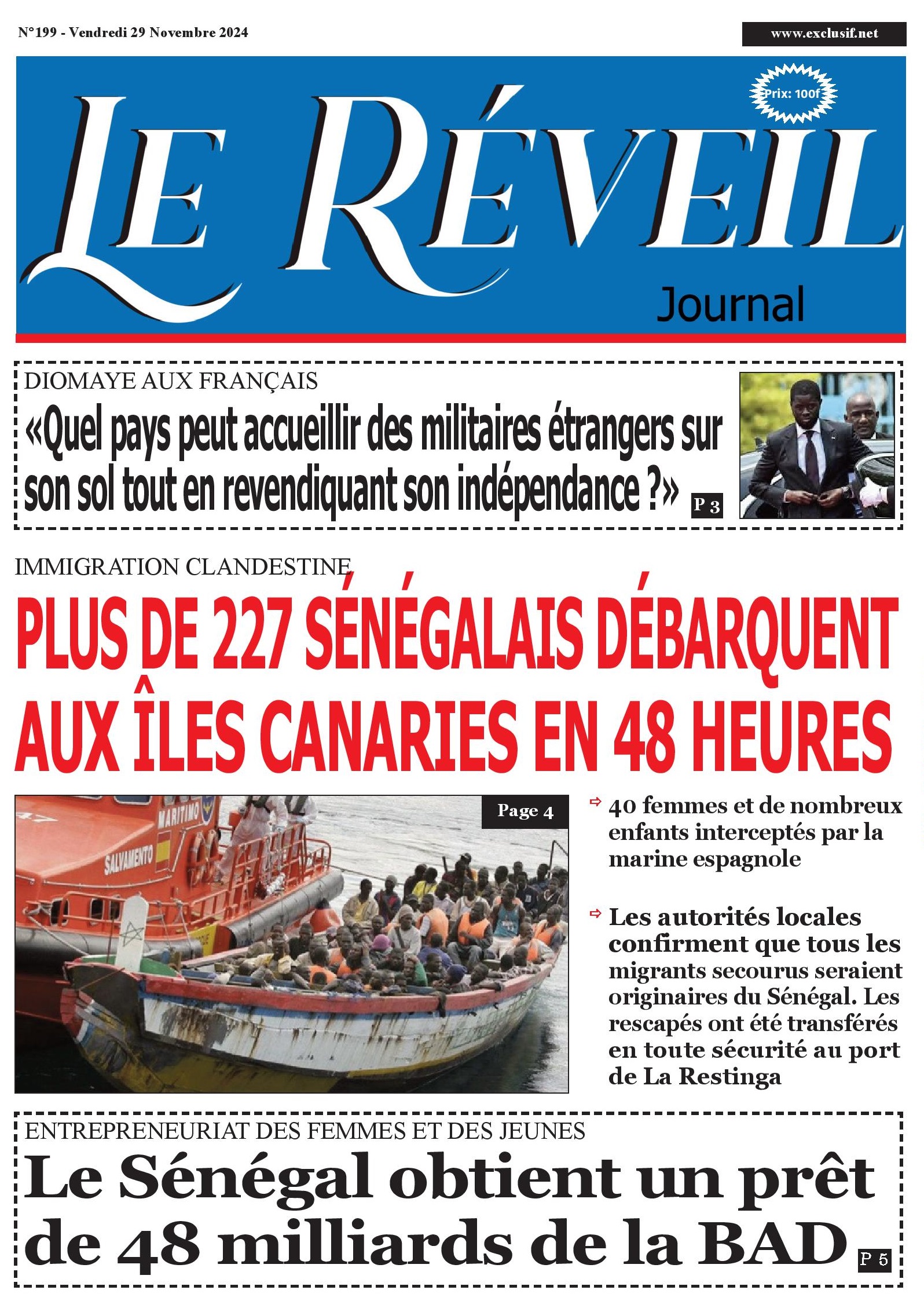 La Une du Journal Le Réveil de ce Vendredi 29 novembre 2024