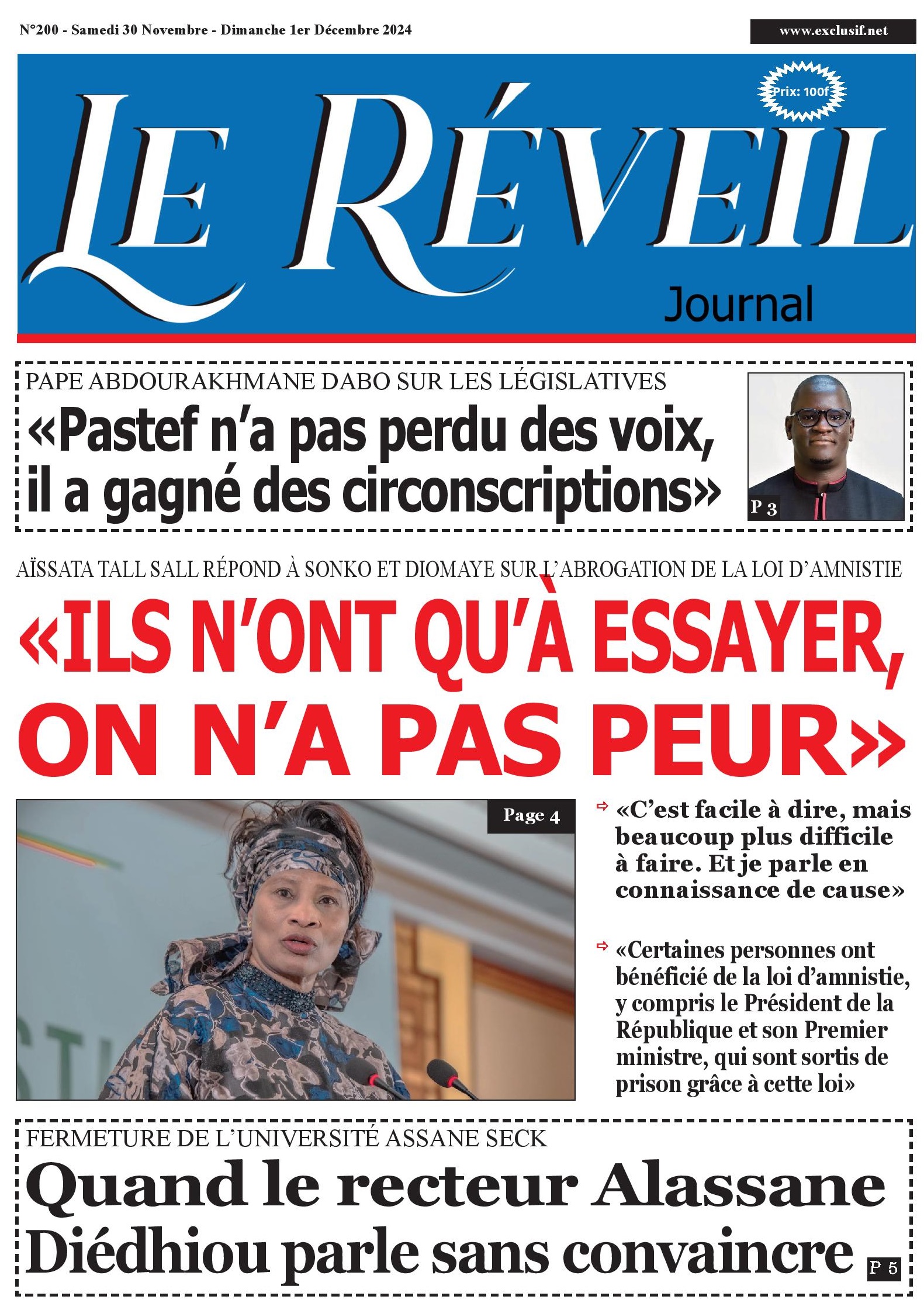 La Une du journal le Réveil du Samedi 30 Novembre 2024