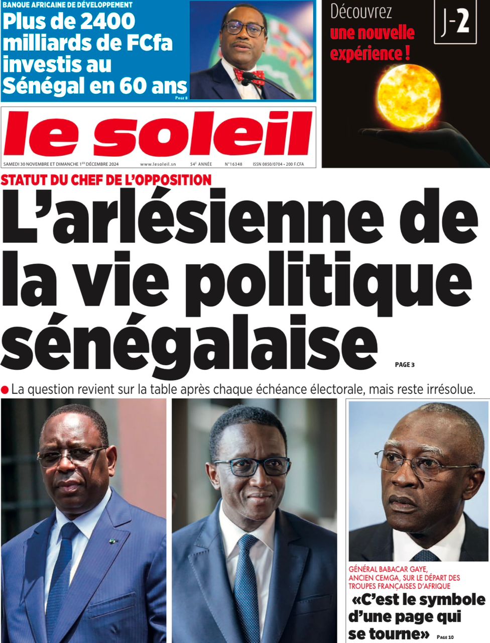 La Une du journal le Réveil du Samedi 30 Novembre 2024