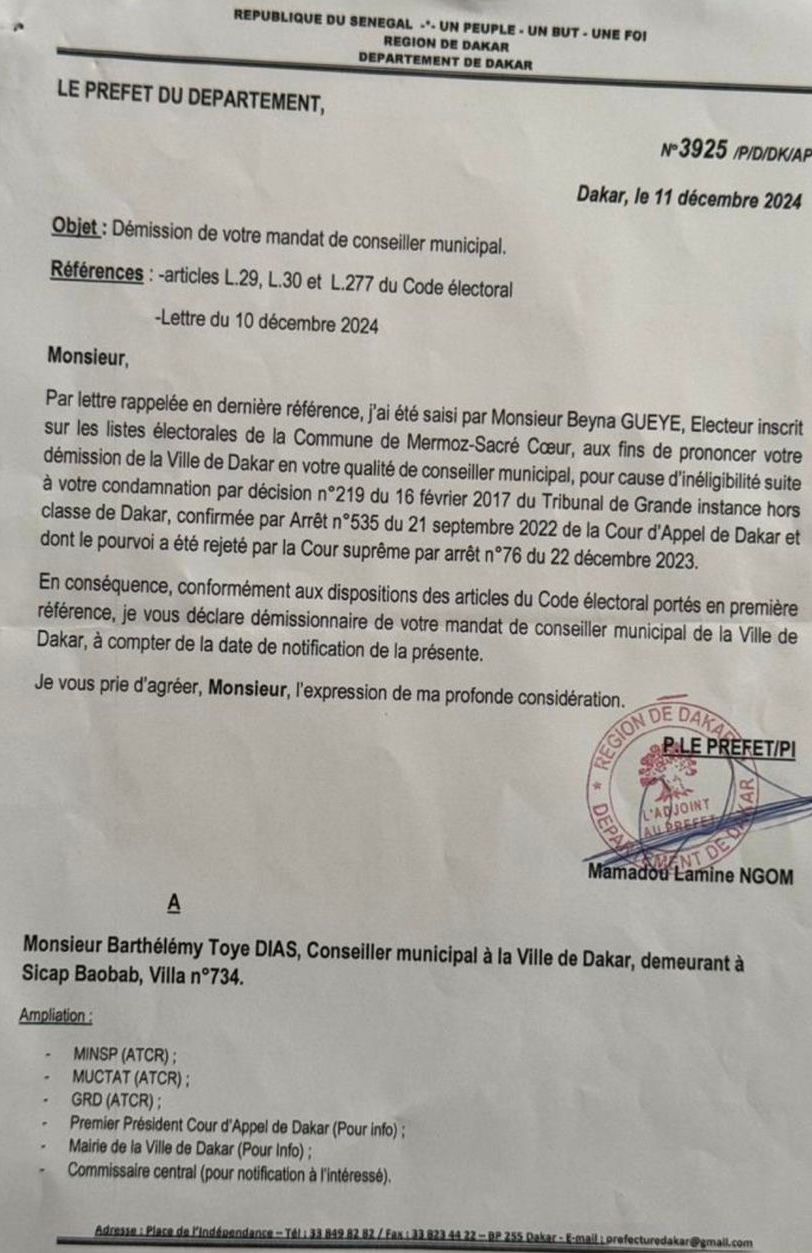 Barthélémy DIAS n’est plus maire de Dakar (Prefet)