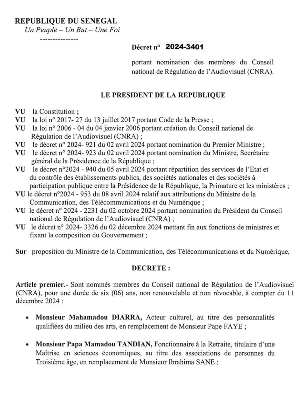 Renouvellement du CNRA : Diomaye nomme 8 nouveaux membres