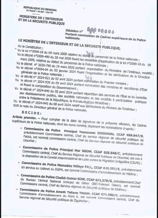 Grand remaniement au sein de la Police nationale sénégalaise (DOCUMENTS)