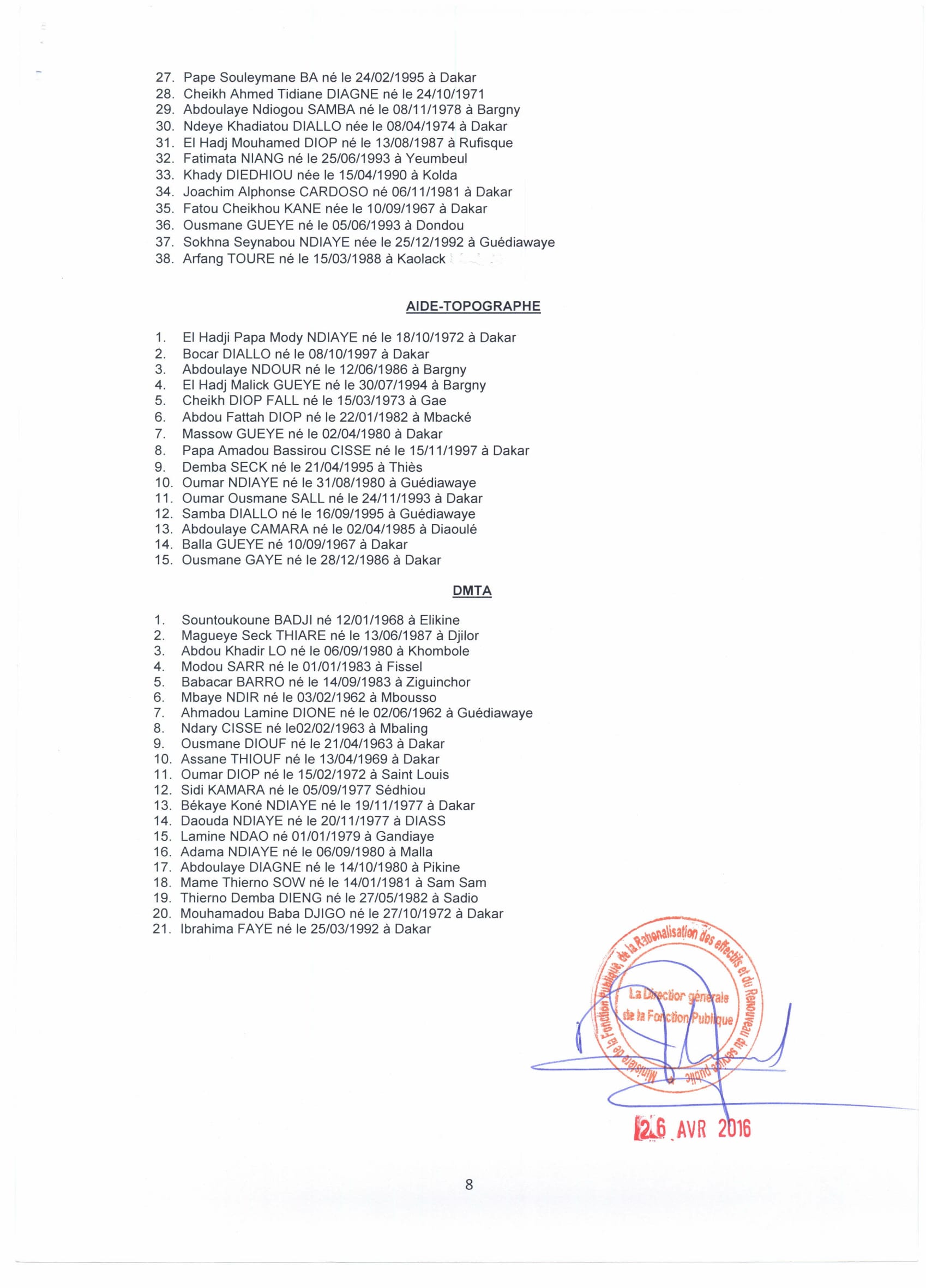 Voici la liste des nouveaux fonctionnaires de l'Etat:  Les régions Fatick et Kaolack bien servies par Macky 